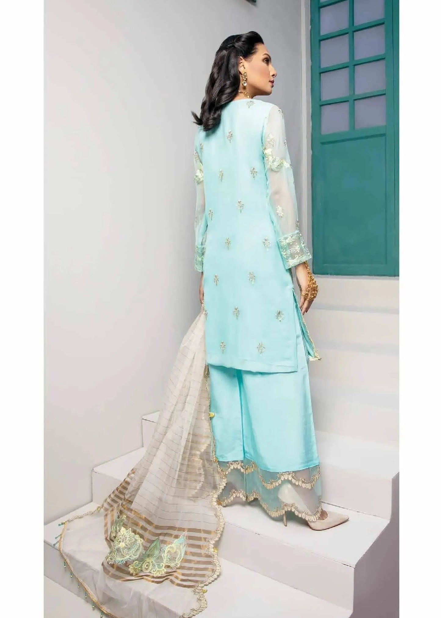 JAAN E ADAA AQUA MARINE CHIFFON HAND EMBELLISHED 3PC SUIT D-09