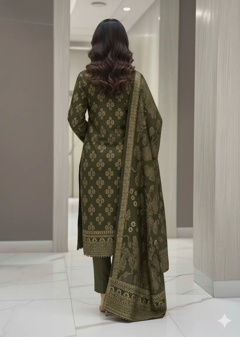 PERSIAN PALACHI WOOL WINTER 3PC SUIT WITH PALACHI SHWAL (Olive Green) EFD-01
