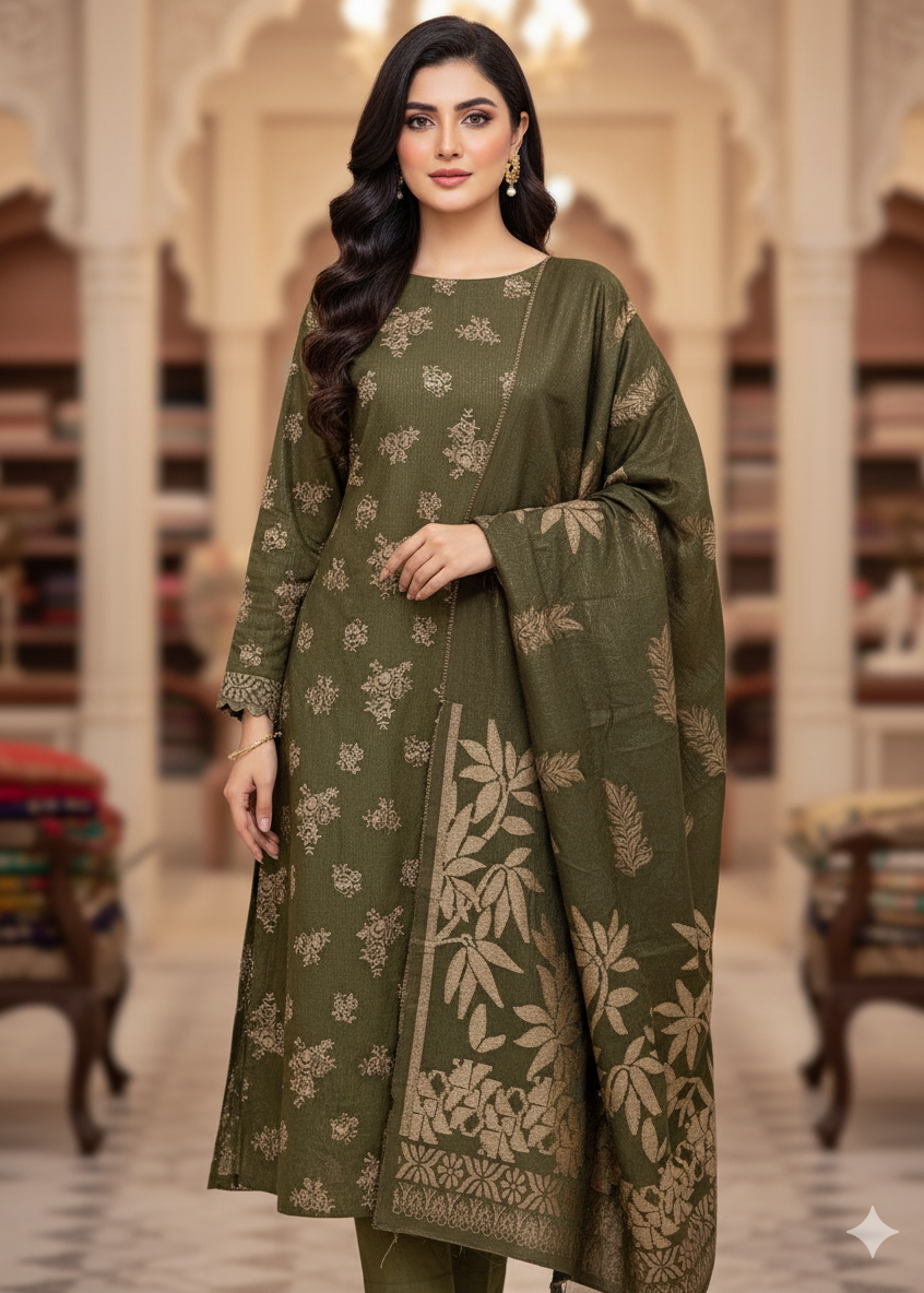 PERSIAN WOOL EMBROIDED WINTER 3PC SUIT WITH PALACHI SHWAL (Olive Green) PED-01
