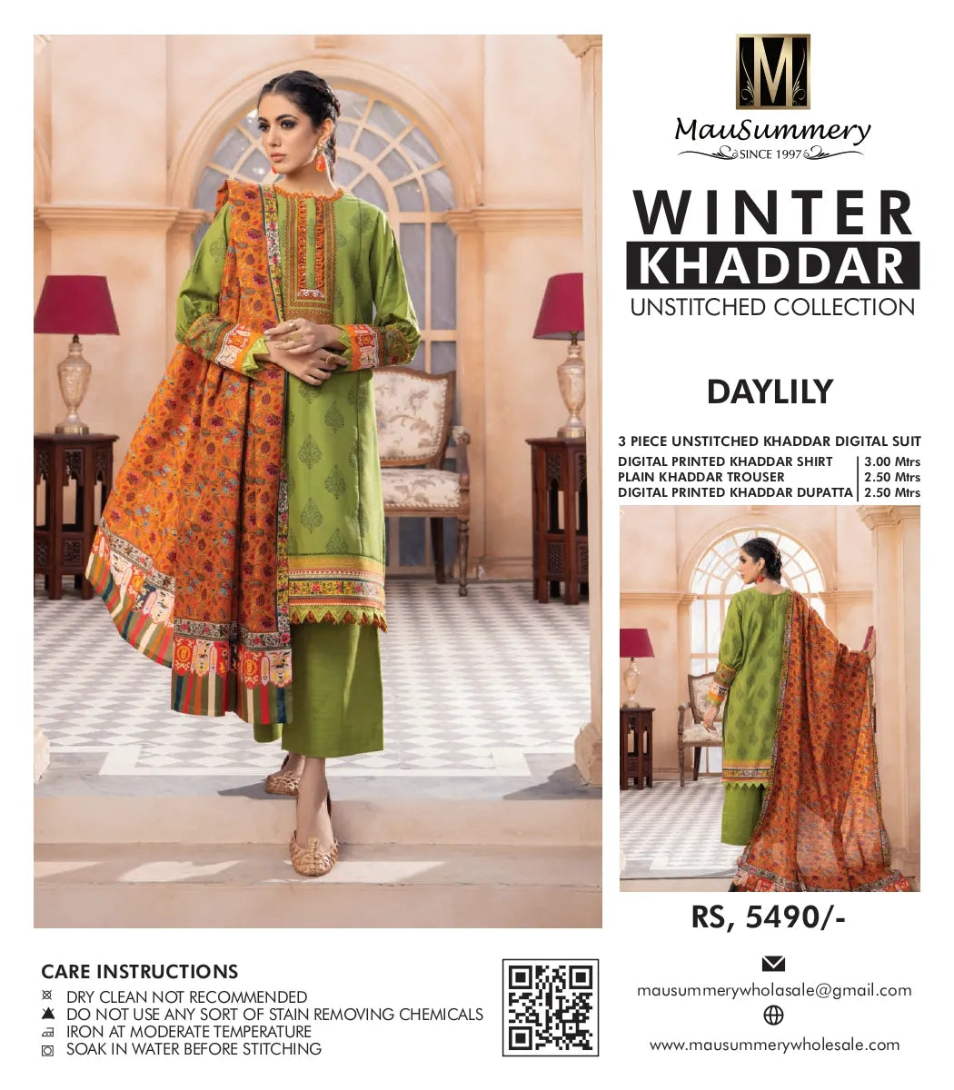 MAUSUMMERY KHADDAR DIGITAL PRINTED SUIT 3 PIECE UNSTITCHED DAYLILY