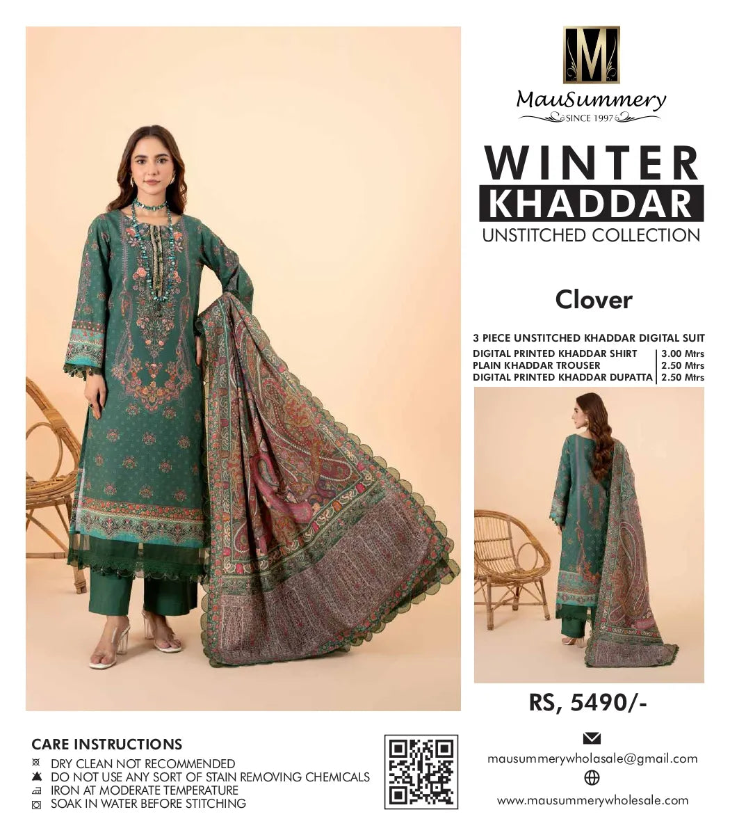 MAUSUMMERY KHADDAR DIGITAL PRINTED SUIT 3 PIECE UNSTITCHED CLOVER