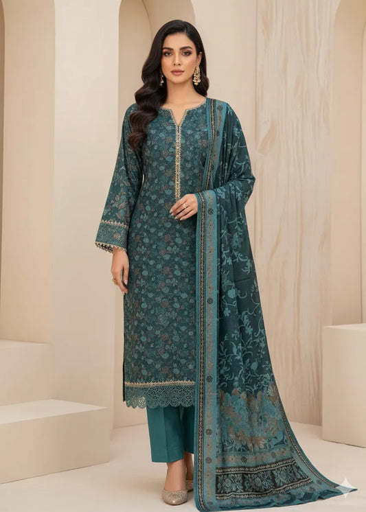 PERSIAN WOOL WINTER PRINTED 3PC SUIT (Dark Green, Green Flowers Nw)