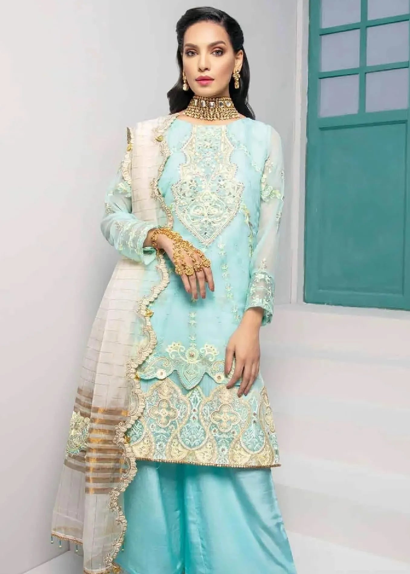 JAAN E ADAA AQUA MARINE CHIFFON HAND EMBELLISHED 3PC SUIT D-09