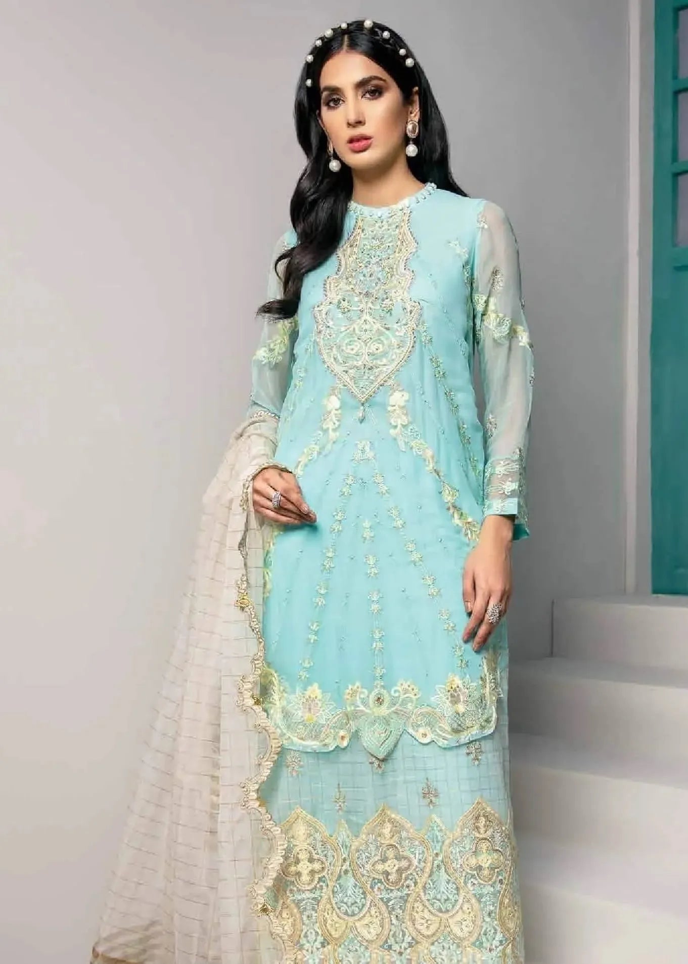 JAAN E ADAA AQUA MARINE CHIFFON HAND EMBELLISHED 3PC SUIT D-09