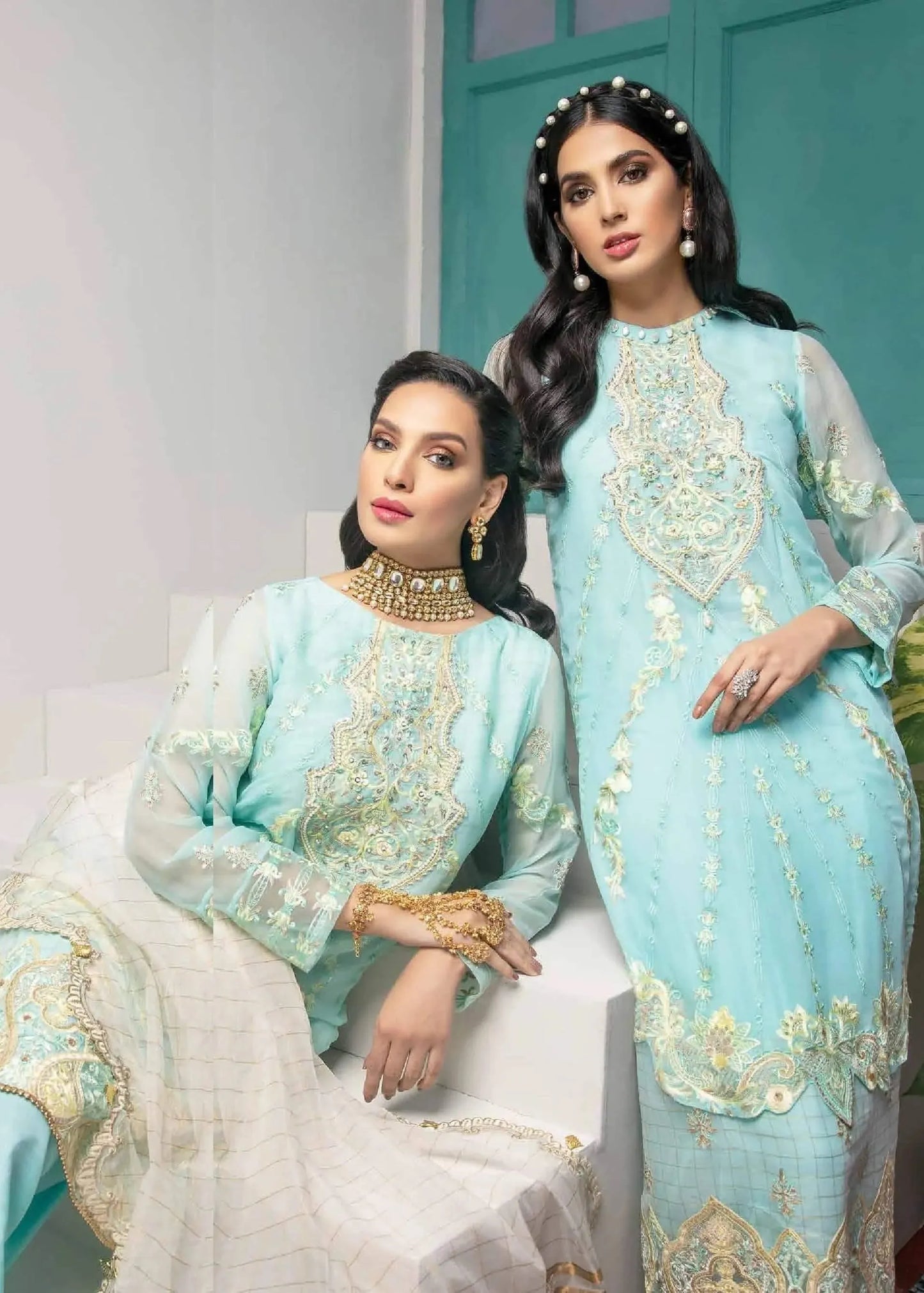 JAAN E ADAA AQUA MARINE CHIFFON HAND EMBELLISHED 3PC SUIT D-09