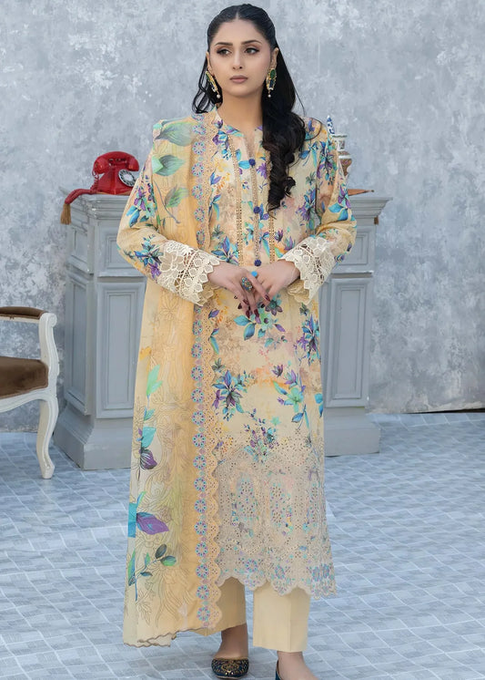 ELEGANT BY RIAZ ARTS EMBROIDERED LAWN SUMMER COLLECTION 3 PIECE SUIT - D-01 | ✅ 100% Original