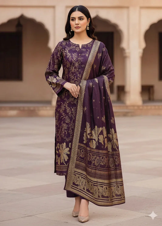 PERSIAN PALACHI WOOL WINTER 3PC SUIT WITH PALACHI SHWAL (PURPLE GREEN) LPW-02
