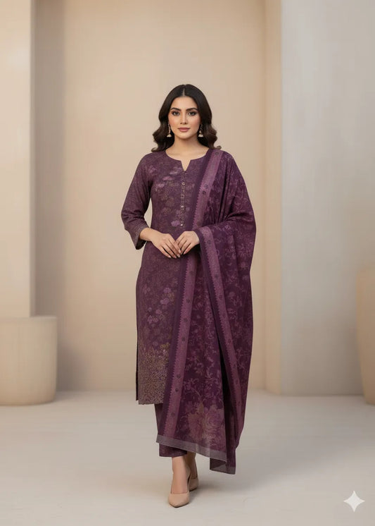 PERSIAN WOOL WINTER PRINTED 3PC SUIT (Purple Color Nw)
