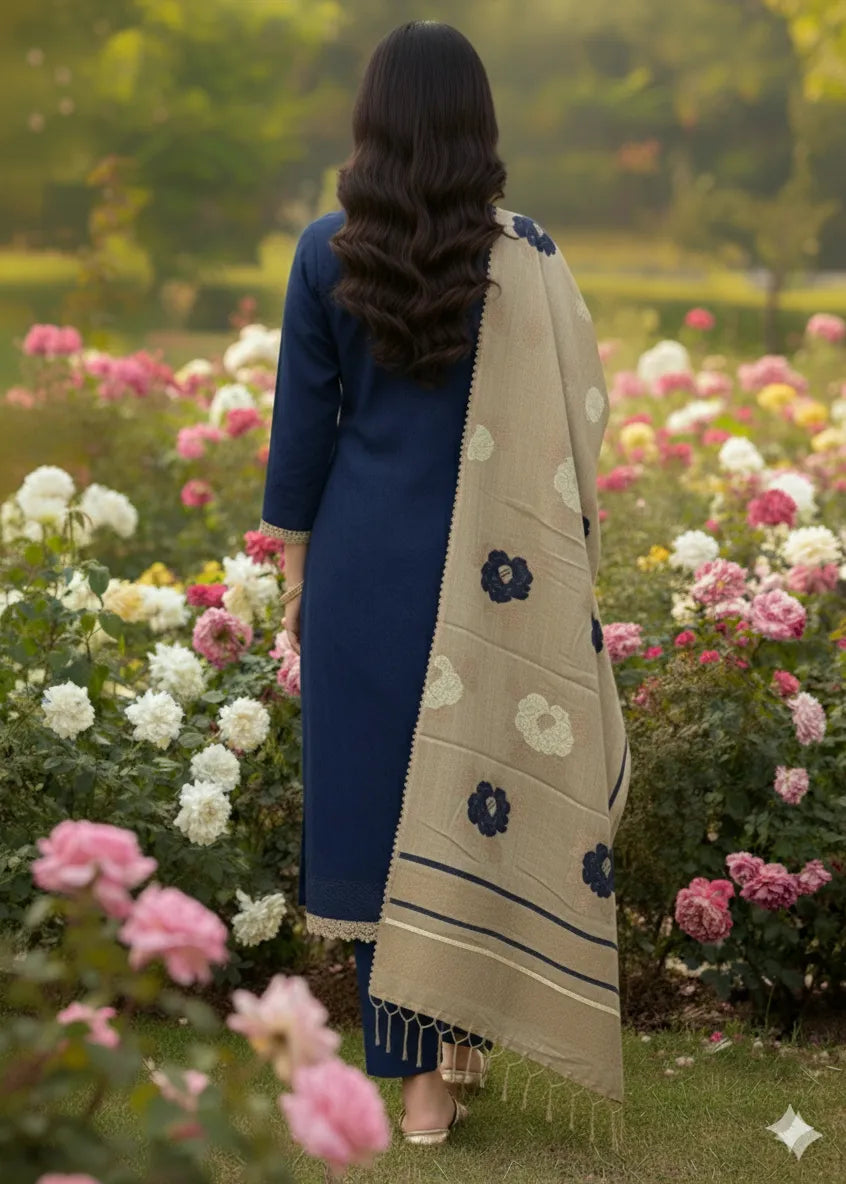 PERSIAN WOOL WINTER PRINTED 3PC SUIT WITH SWATI SHWAL (Blue)