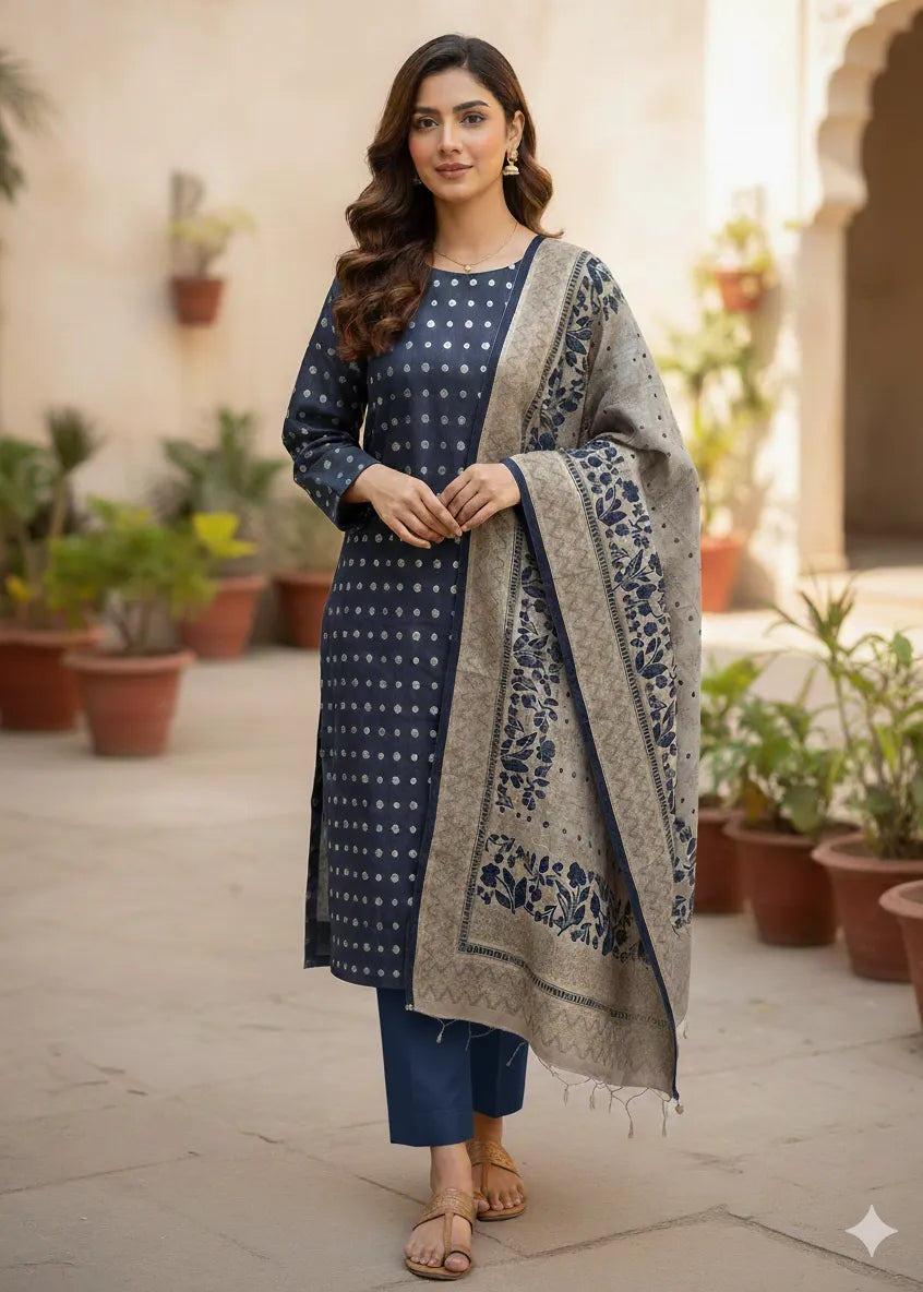 PERSIAN WOOL PRINTED 3PC WINTER SUIT CD-01 (Blue Color)