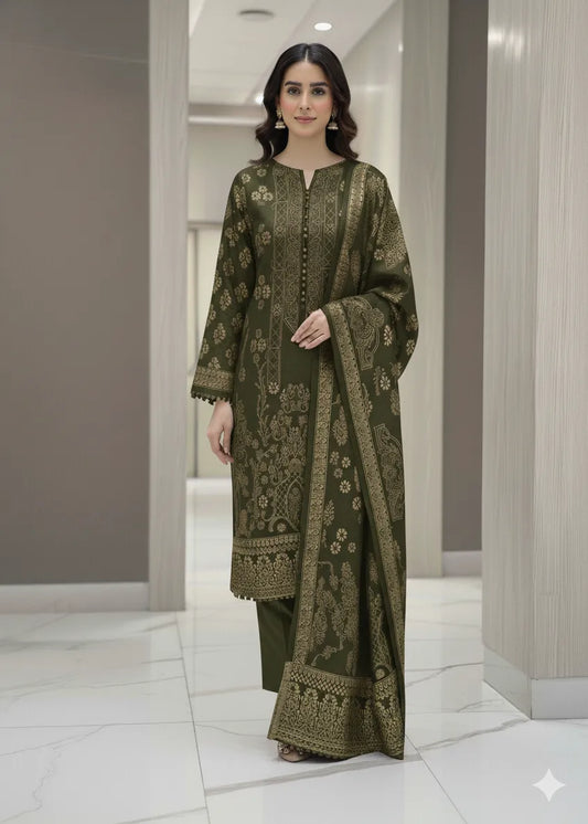 PERSIAN PALACHI WOOL WINTER 3PC SUIT WITH PALACHI SHWAL (Olive Green) EFD-01