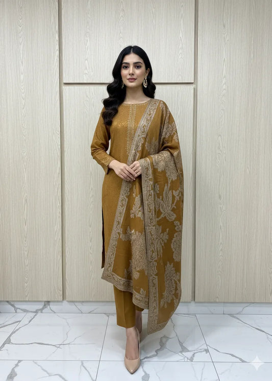 PERSIAN WOOL WINTER 3PC SUIT WITH PALACHI SHWAL (Mustard)