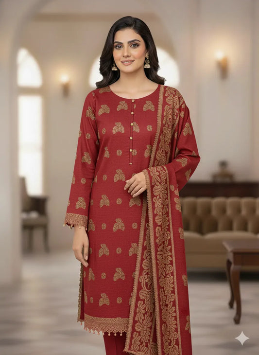 PERSIAN WOOL WINTER 3PC SUIT WITH PALACHI SHWAL (Red)