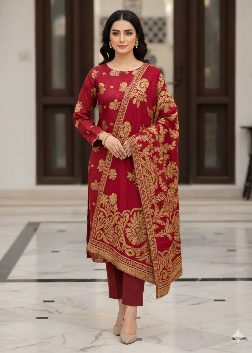 PERSIAN WOOL 3PC WINTER SUIT WITH PALACHI SHWAL (RED) PWF-01