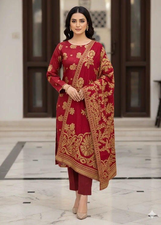 PERSIAN WOOL 3PC WINTER SUIT WITH PALACHI SHWAL (RED) PWF-01