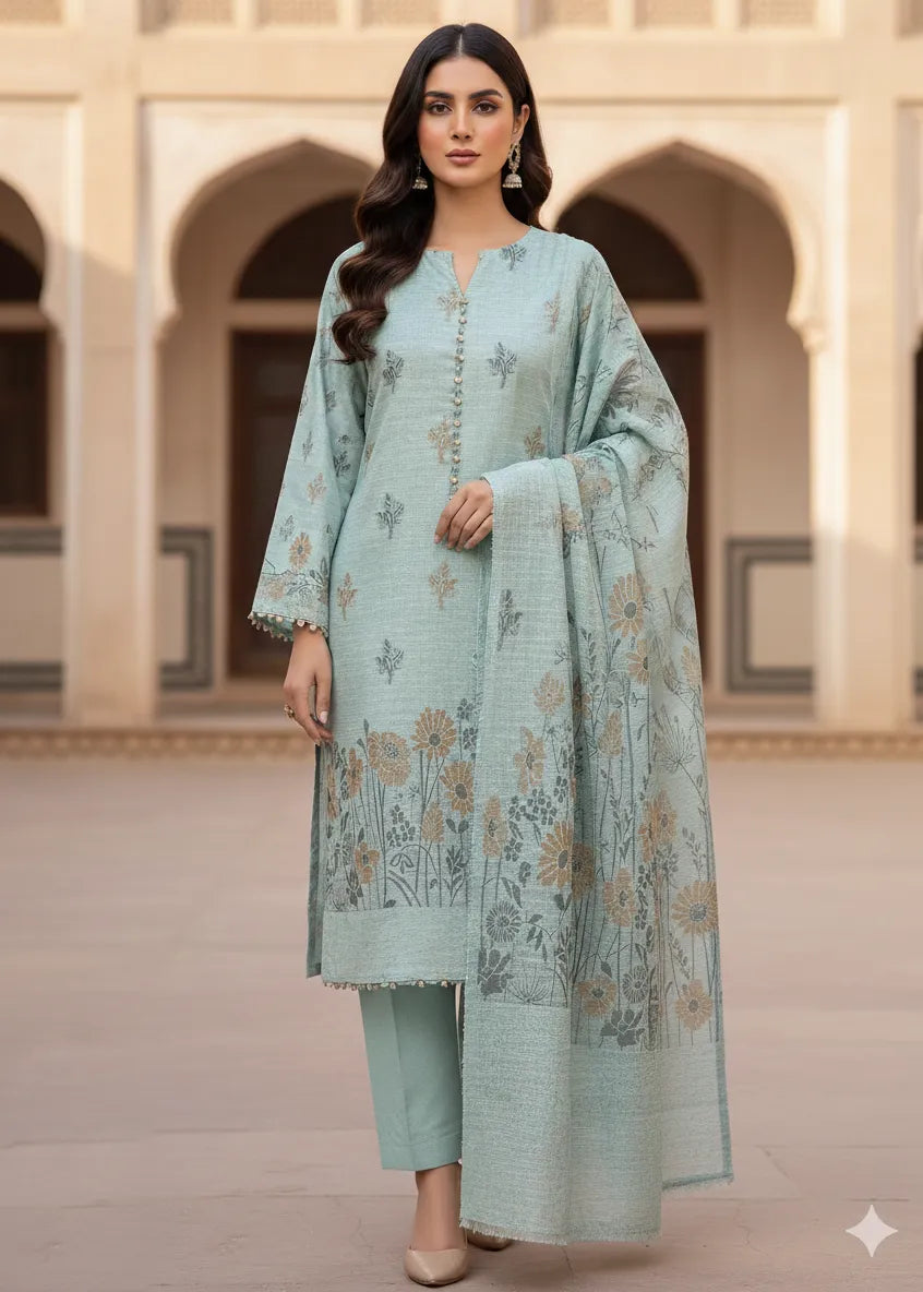PERSIAN WOOL WINTER 3PC SUIT WITH PALACHI SHWAL (Light Ferozi)
