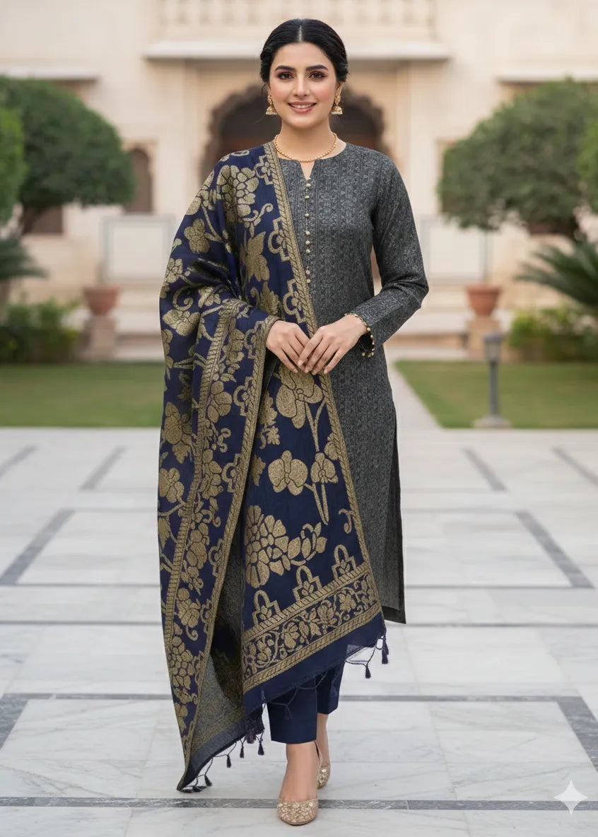 PERSIAN WOOL WINTER 3PC SUIT WITH PALACHI SHWAL (BLUE) PSD-03
