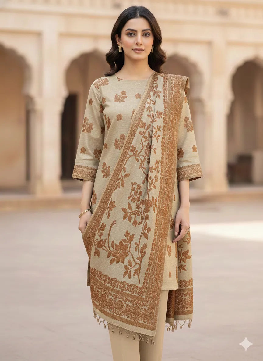 PERSIAN WOOL 3PC WINTER SUIT WITH PALACHI SHWAL (CLAY COLOR) LD-03