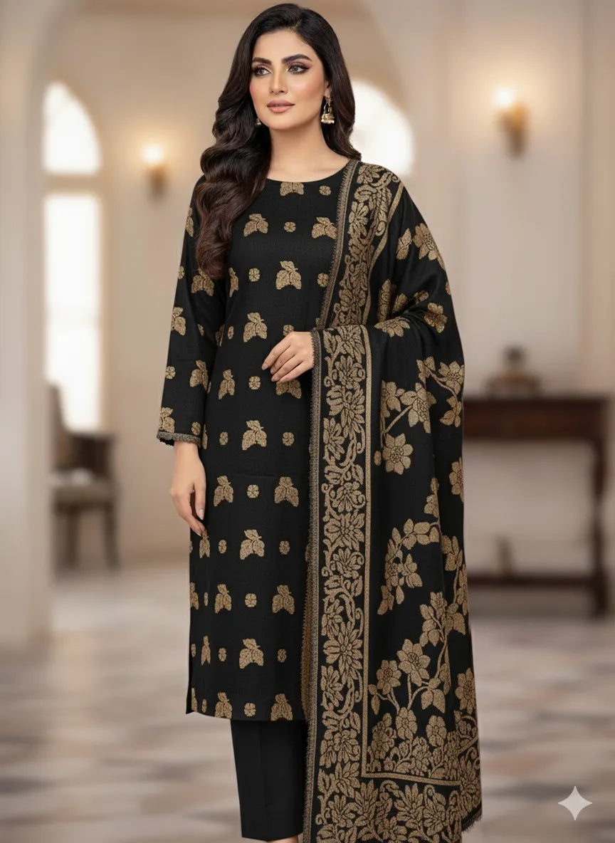 PERSIAN WOOL WINTER 3PC SUIT WITH PALACHI SHWAL (Black)