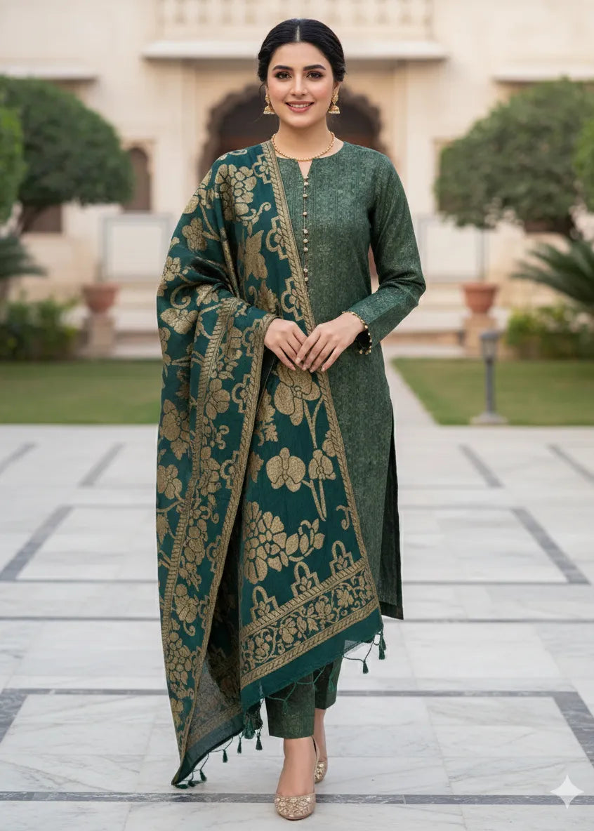 PERSIAN WOOL WINTER 3PC SUIT WITH PALACHI SHWAL (GREEN) PSD-02