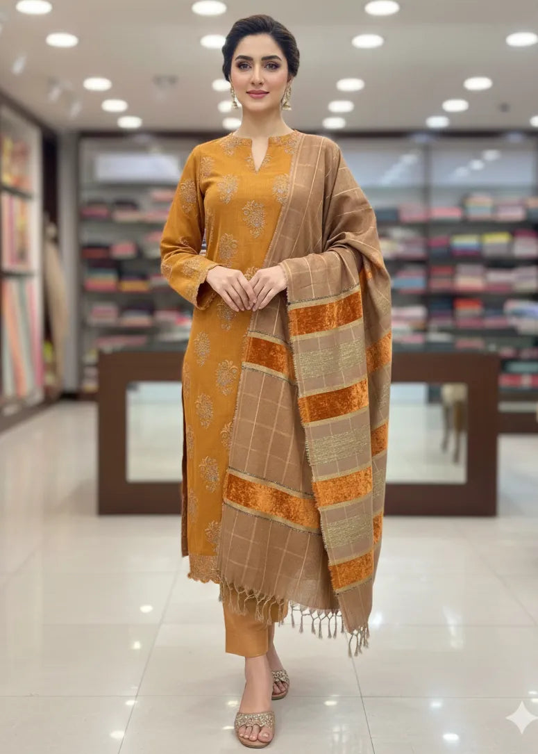 PERSIAN WOOL 3PC EMBROIDERED WINTER SUIT WITH SHWAL (MUSTERED) EPW-03