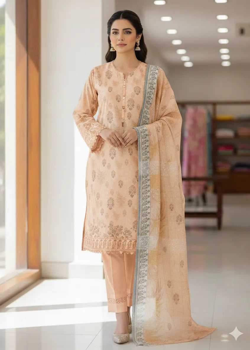 PERSIAN WOOL WINTER PRINTED 3PC SUIT (Peach Shawl)