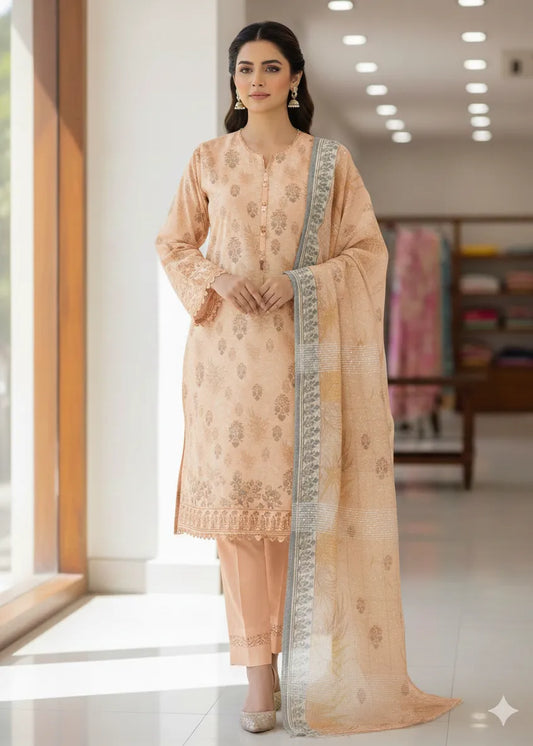 PERSIAN WOOL WINTER PRINTED 3PC SUIT (Peach Shawl)