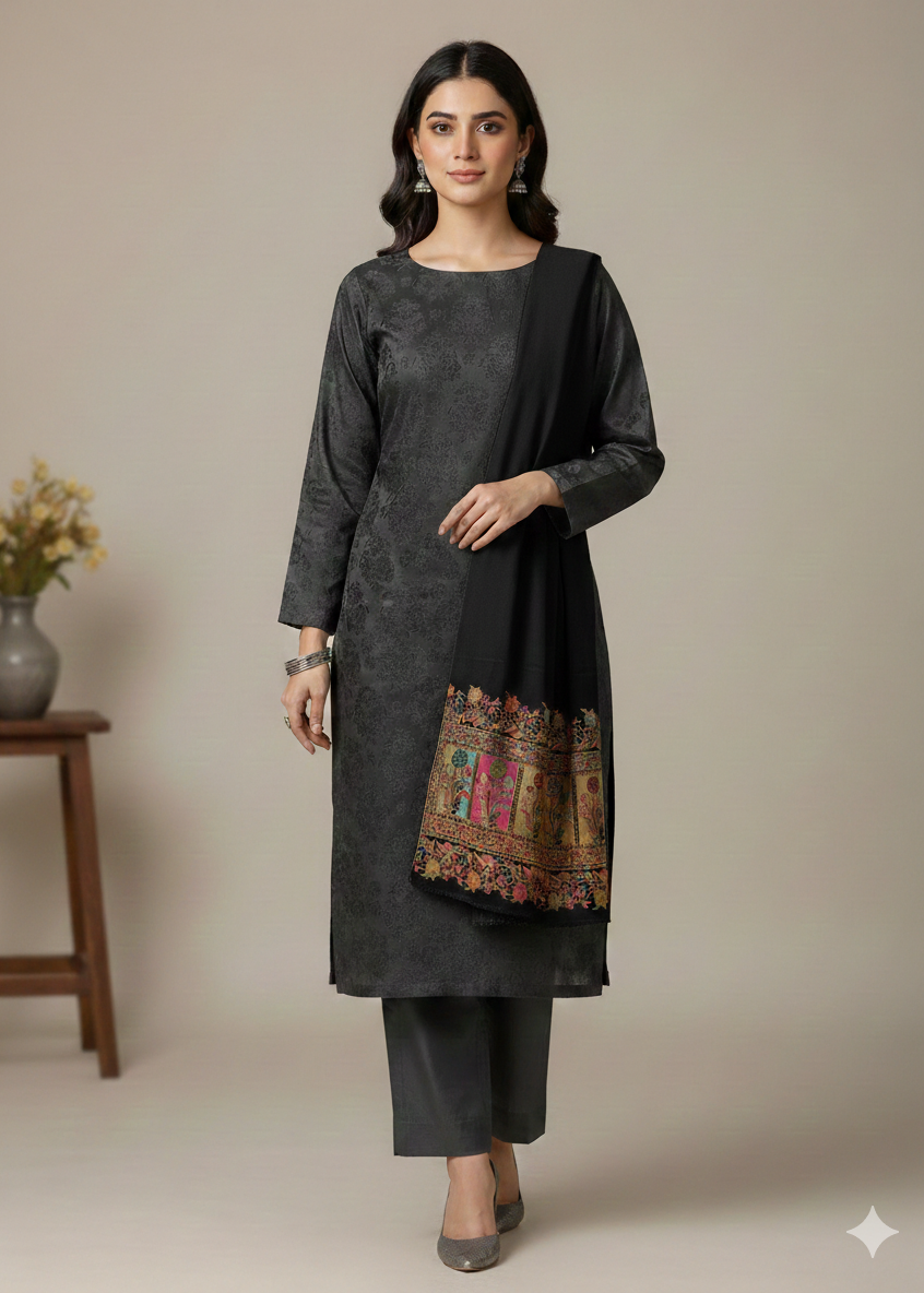 PERSIAN WOOL 3PC WINTER SUIT WITH SWATI SHWAL BLACK COLOR