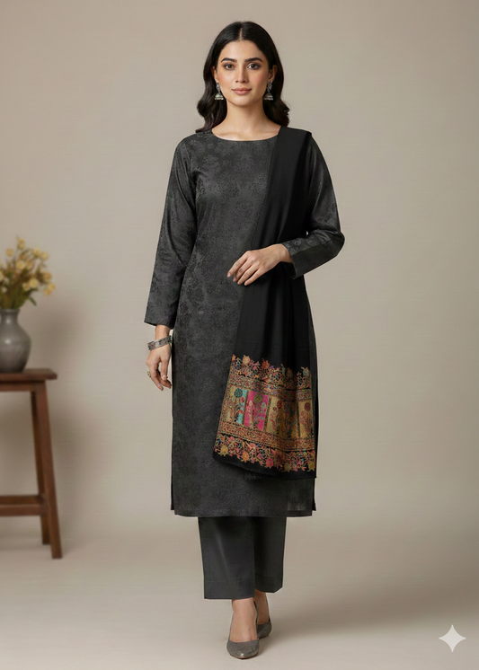 PERSIAN WOOL 3PC WINTER SUIT WITH SWATI SHWAL BLACK COLOR