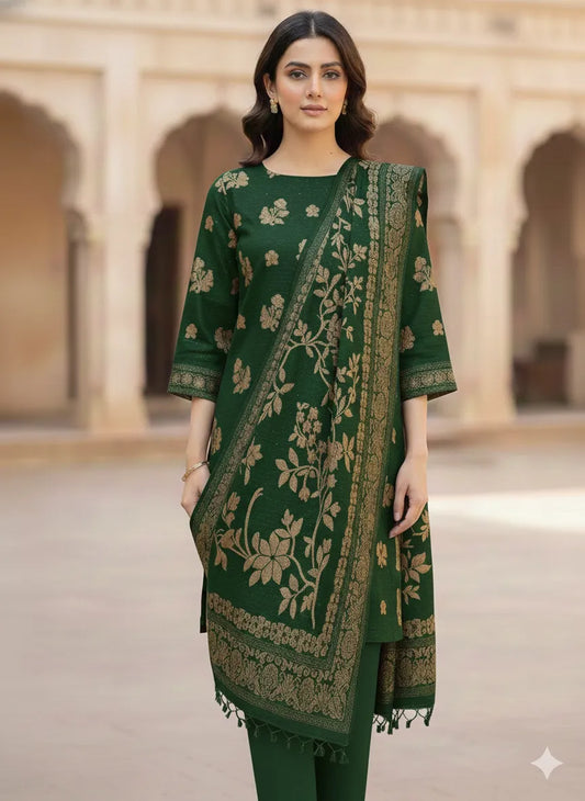 PERSIAN WOOL 3PC WINTER SUIT WITH PALACHI SHWAL (GREEN) LD-04