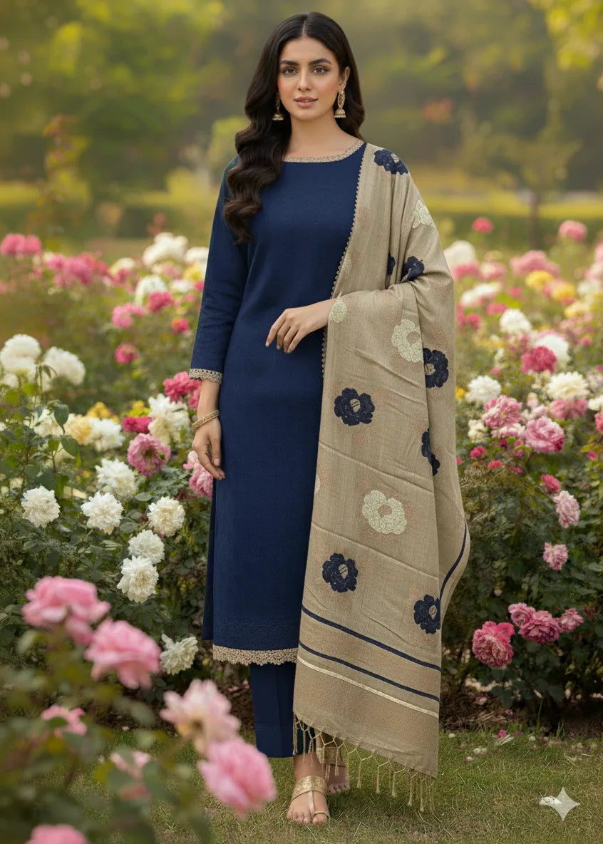 PERSIAN WOOL WINTER PRINTED 3PC SUIT WITH SWATI SHWAL (Blue)