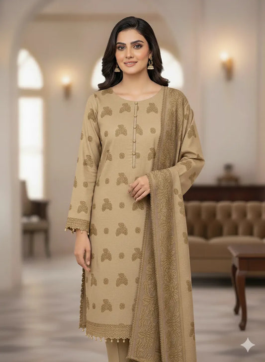 PERSIAN WOOL WINTER 3PC SUIT WITH PALACHI SHWAL (Light Brown)