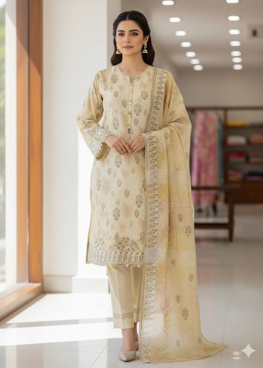 PERSIAN WOOL WINTER PRINTED 3PC SUIT (Yellow Shawl)