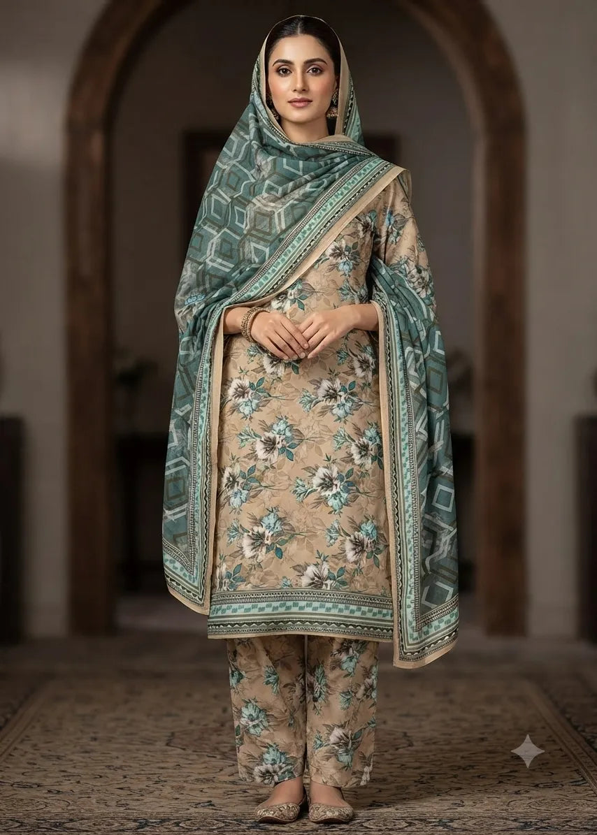VISCOSE LINEN DIGITAL PRINTED SUIT 3 PIECE UNSTITCHED D-21
