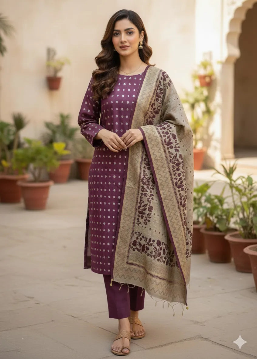 PERSIAN WOOL PRINTED 3PC WINTER SUIT CD-02 (Maroon Color)