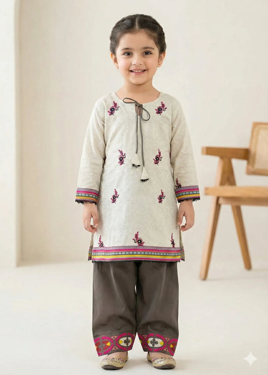 KIDS STITCHED LAWN SUIT 2PC BROWN