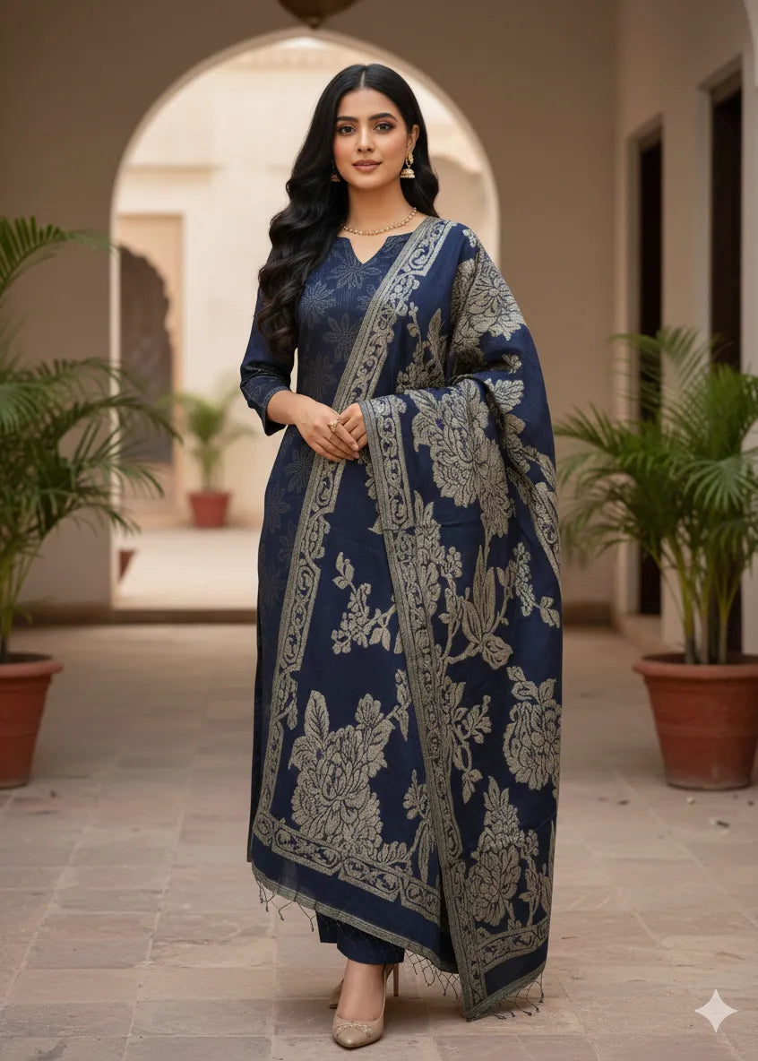 PERSIAN WOOL WINTER 3PC SUIT WITH PALACHI SHWAL (BLUE) SFD-01