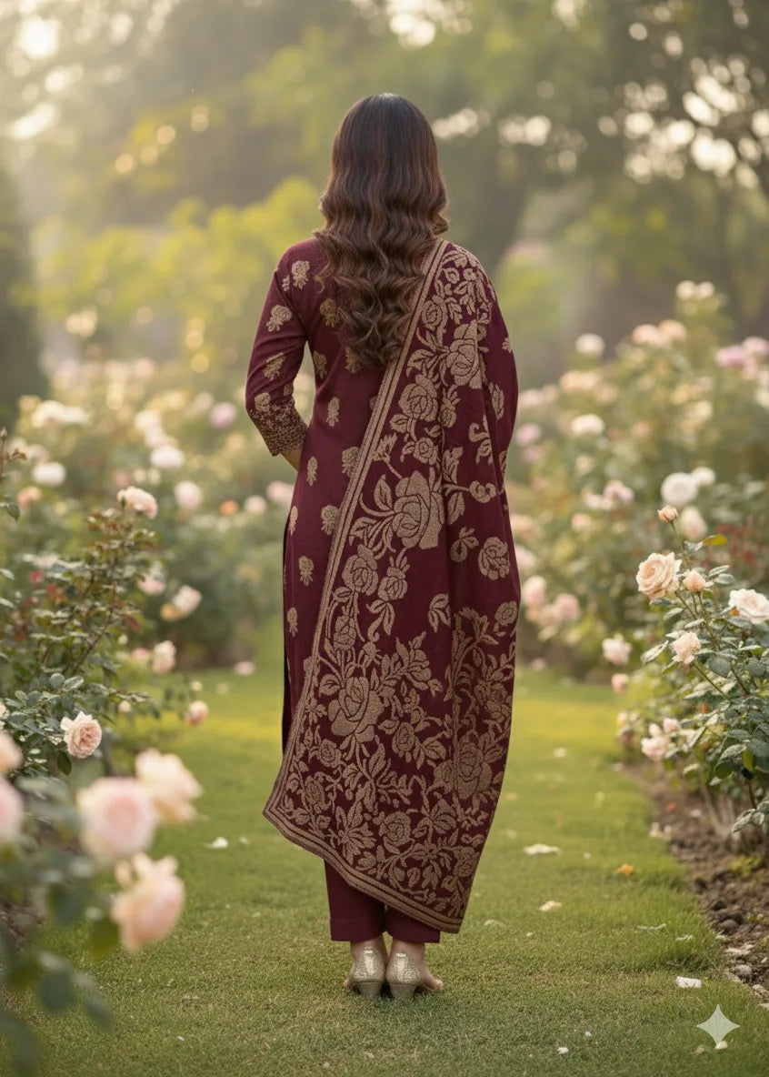 PERSIAN WOOL WINTER 3PC SUIT WITH PALACHI SHWAL (Maroon)