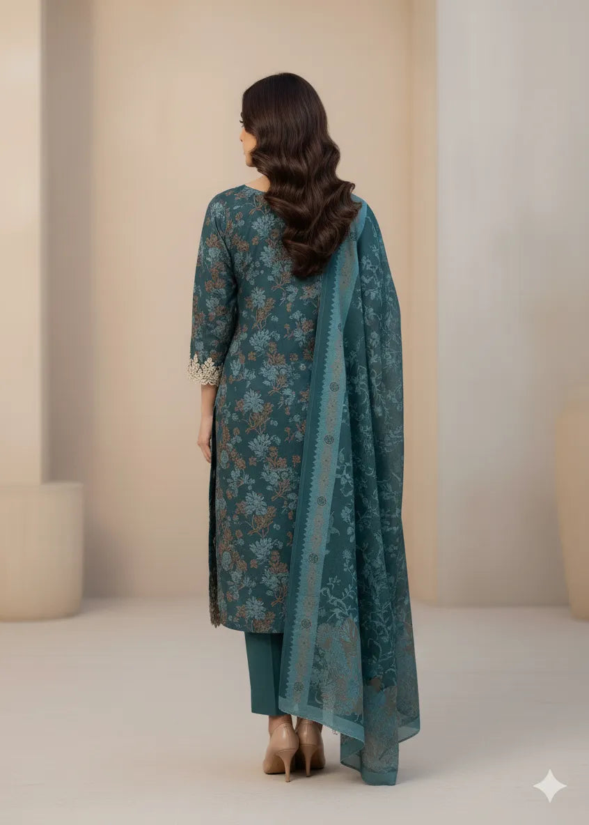 PERSIAN WOOL WINTER PRINTED 3PC SUIT (Dark Green, Green Flowers Nw)