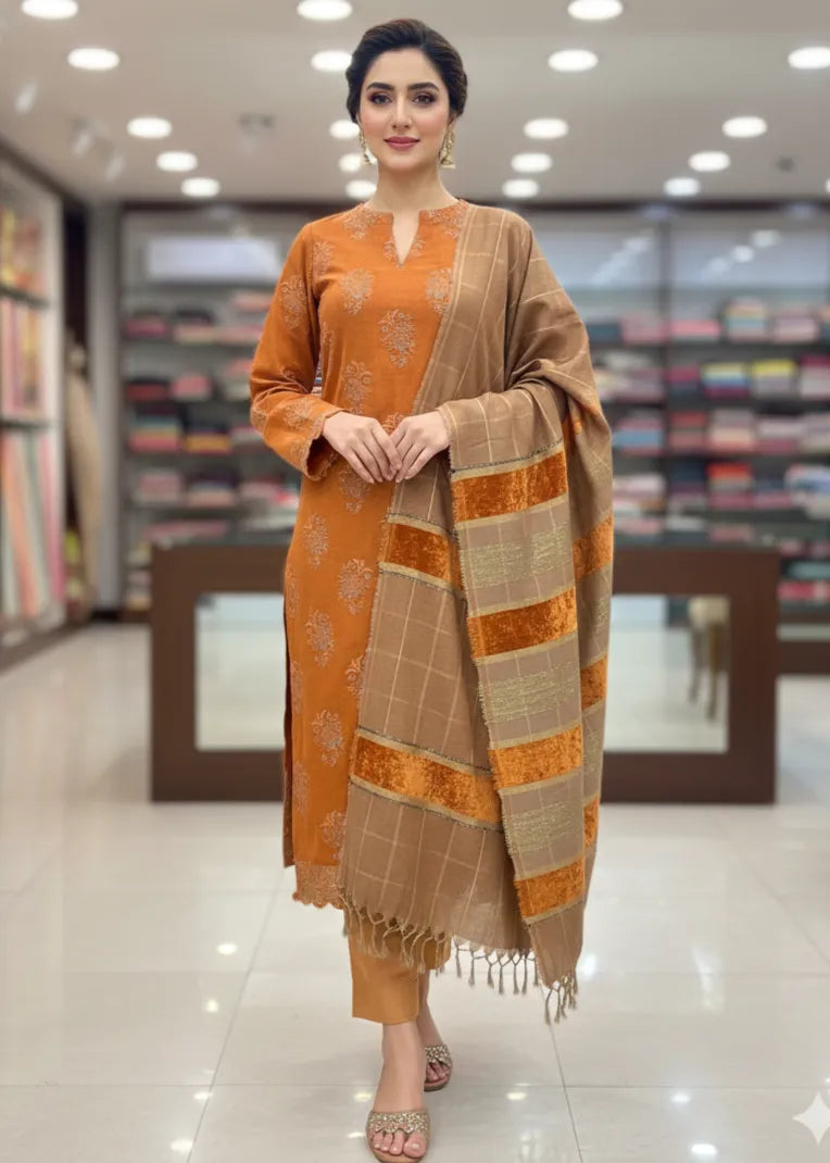 PERSIAN WOOL 3PC EMBROIDERED WINTER SUIT WITH SHWAL (BROWN) EPW-01