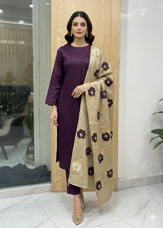 PERSIAN WOOL WINTER PRINTED 3PC SUIT WITH SWATI SHWAL (Purple)