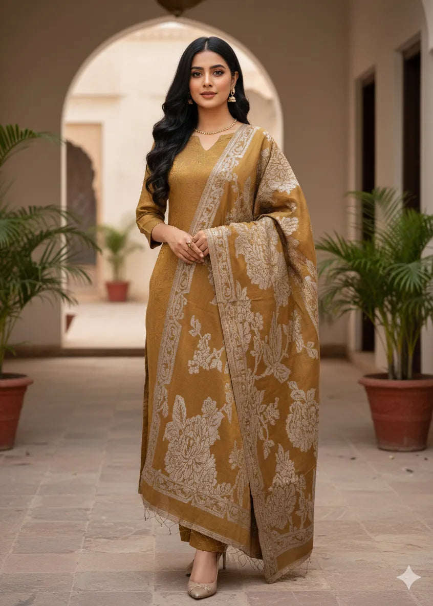 PERSIAN WOOL WINTER 3PC SUIT WITH PALACHI SHWAL (MUSTERED) SFD-02