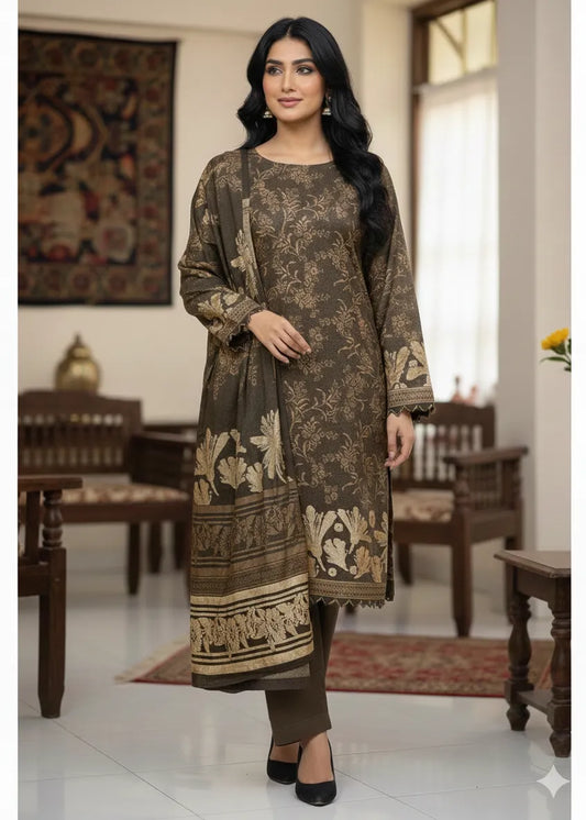 PERSIAN PALACHI WOOL WINTER 3PC SUIT WITH PALACHI SHWAL (OLIVE GREEN) LPW-01