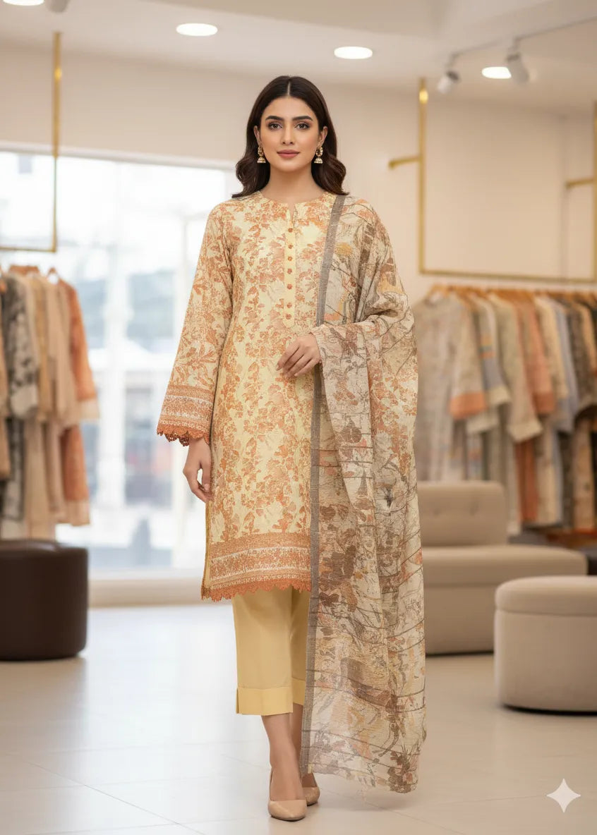 PERSIAN WOOL WINTER PRINTED 3PC SUIT (Dark Peach and White)