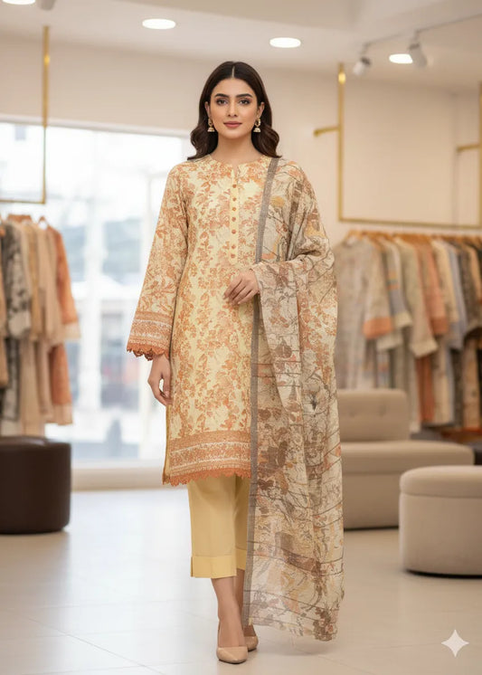 PERSIAN WOOL WINTER PRINTED 3PC SUIT (Dark Peach and White)