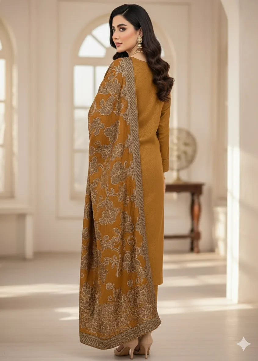 PERSIAN WOOL WINTER 3PC SUIT WITH PALACHI SHWAL (Brown) PSD-03