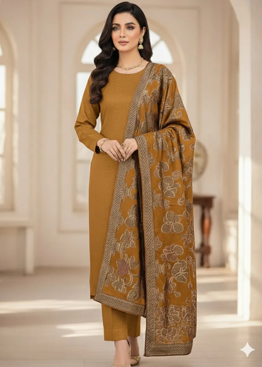 PERSIAN WOOL WINTER 3PC SUIT WITH PALACHI SHWAL (Brown) PSD-03