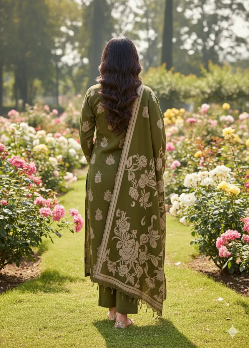 PERSIAN WOOL WINTER 3PC SUIT WITH PALACHI SHWAL (Olive Green)