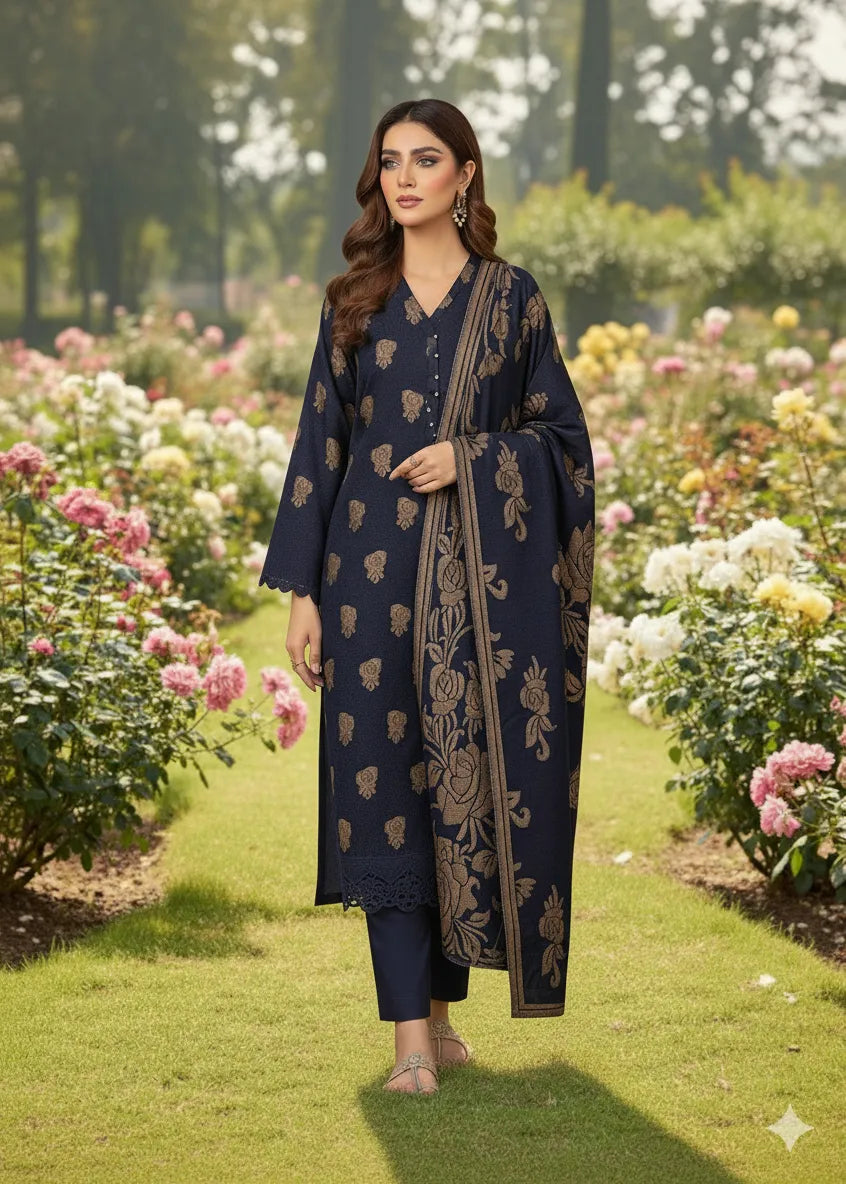 PERSIAN WOOL WINTER 3PC SUIT WITH PALACHI SHWAL (Navy Blue)