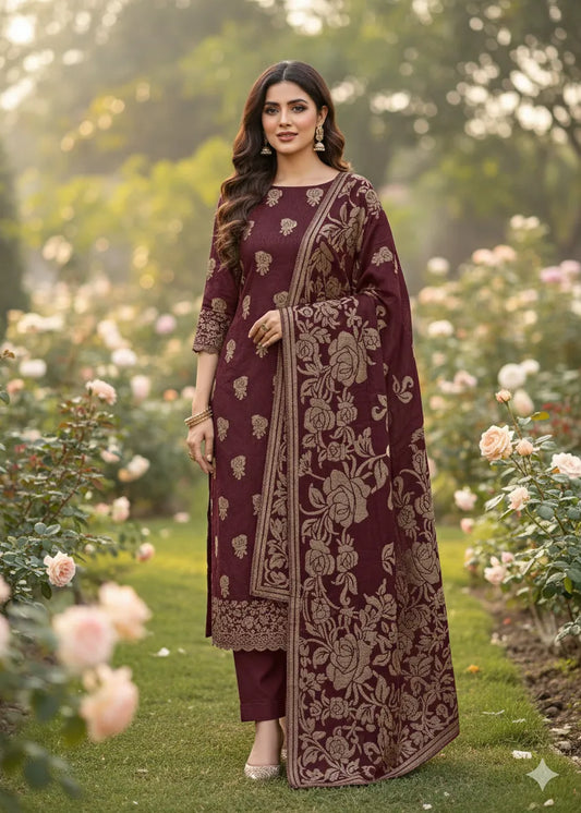 PERSIAN WOOL WINTER 3PC SUIT WITH PALACHI SHWAL (Maroon)
